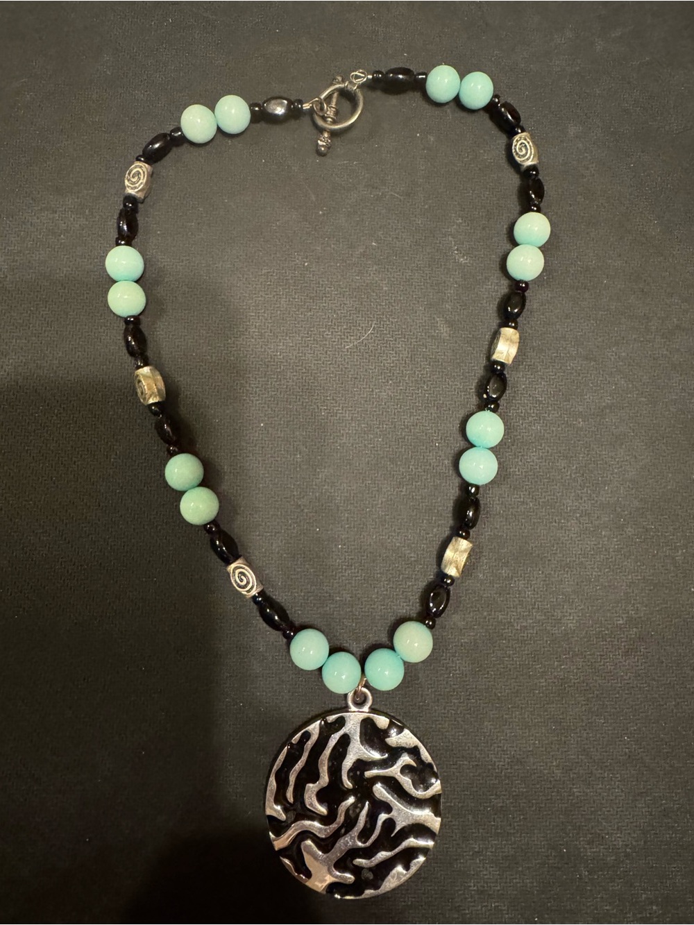 Handmade Turquoise & Black Beaded Pendant Necklace